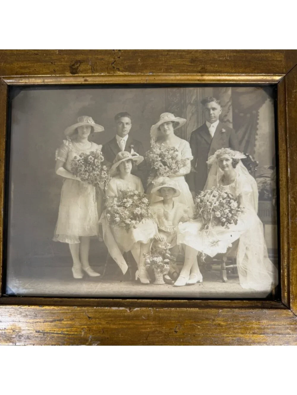 Antique Wooden Frame Pastoral Print Gathering Wildflowers + Wedding Photo